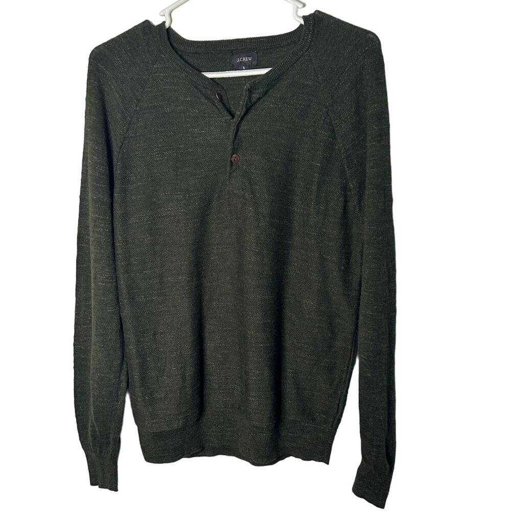 J Crew Men Small Green Rugged Henley Sweater Woven Long Sleeve Lagenlook Slub